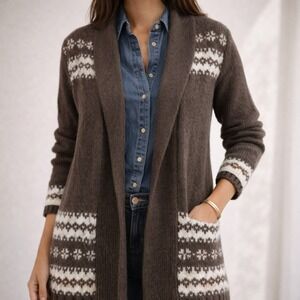 St Johns Bay Women 1X Brown Fair Isle Open Front‎ Long Cardigan Sweater